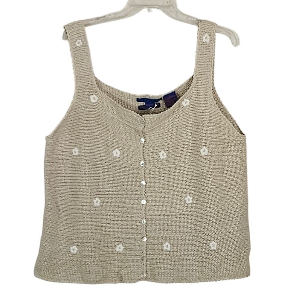Sigrid Olsen Hand Knit Sleeveless Sweater Linen Blend Daisy Embroidery XLP NWT